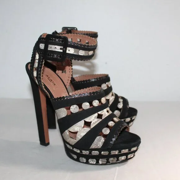 Alaia Paris Black Cut Out Ankle Strap Heels Platform Sandals 40 - Picture 1 of 6